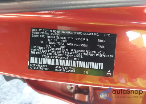 2015 Toyota Rav4 Limited z USA, uszkodzony, nr VIN 2T3DFREVXFW292849